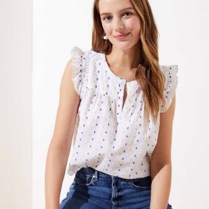 LOFT White and Blue Ruffle Sleeve Top